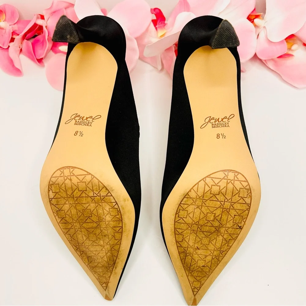 Jewel Badgley Mischka | Kaylin Pointed Toe Mule - Black Satin Heels (Size 8.5) - Picture 11 of 16